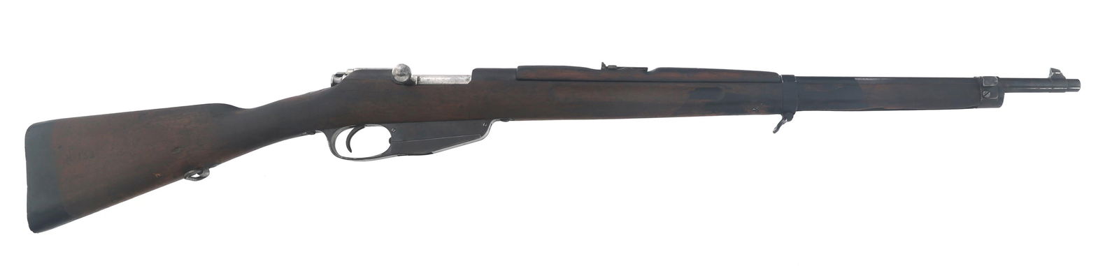 PORTUGUESE CONTRACT STEYR M1896 6.5mm RIFLE: PORTUGUESE CONTRACT STEYR M1896 6.5mm RIFLE Portuguese contract Steyr Model 1896 6.5x53mm caliber rifle. Carlos I of Portugal CI crest on chamber. CAI import mark. Bolt numbered A198. Adjustable rear