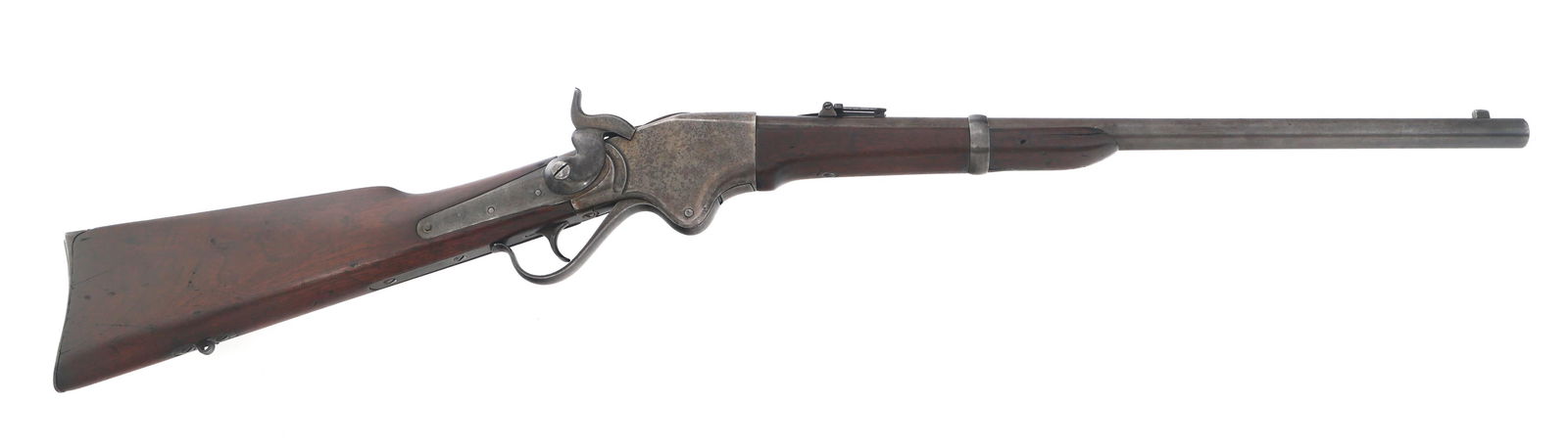 US SPENCER REPEATING RIFLE CO 1865 .56 CAL CARBINE: US SPENCER REPEATING RIFLE CO 1865 .56 CAL CARBINE US Spencer Repeating Rifle Co. Model 1865 .56-56 caliber lever action carbine. Top of receiver stamped Spencer Repeating Rifle Co. Boston, Mass. Left