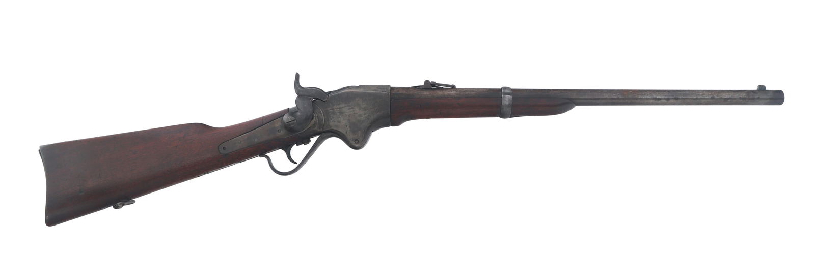 US SPENCER REPEATING RIFLE CO MODEL 1865 CARBINE: US SPENCER REPEATING RIFLE CO MODEL 1865 CARBINE US Spencer Repeating Rifle Co. Model 1865 .56-56 caliber lever action carbine. Wood stock and forend. Faint inspector stamps on left side of butt stock