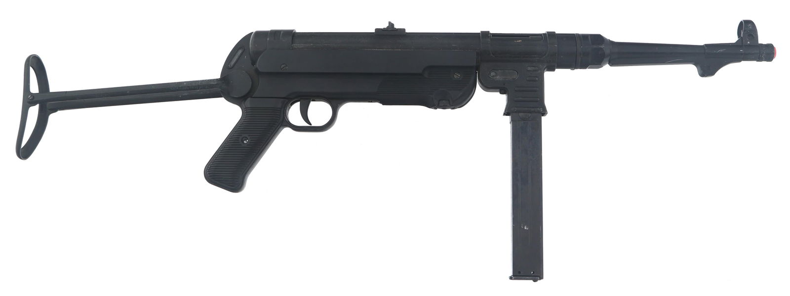 DENIX MODEL MP40 MACHINE GUN DISPLAY MODEL: DENIX MODEL MP40 MACHINE GUN DISPLAY MODEL Denix Model MP40 machine gun display. Steel and plastic construction. Moving parts. Plugged barrel. Folding buttstock. One magazine. Caliber / Gauge: Dummy N