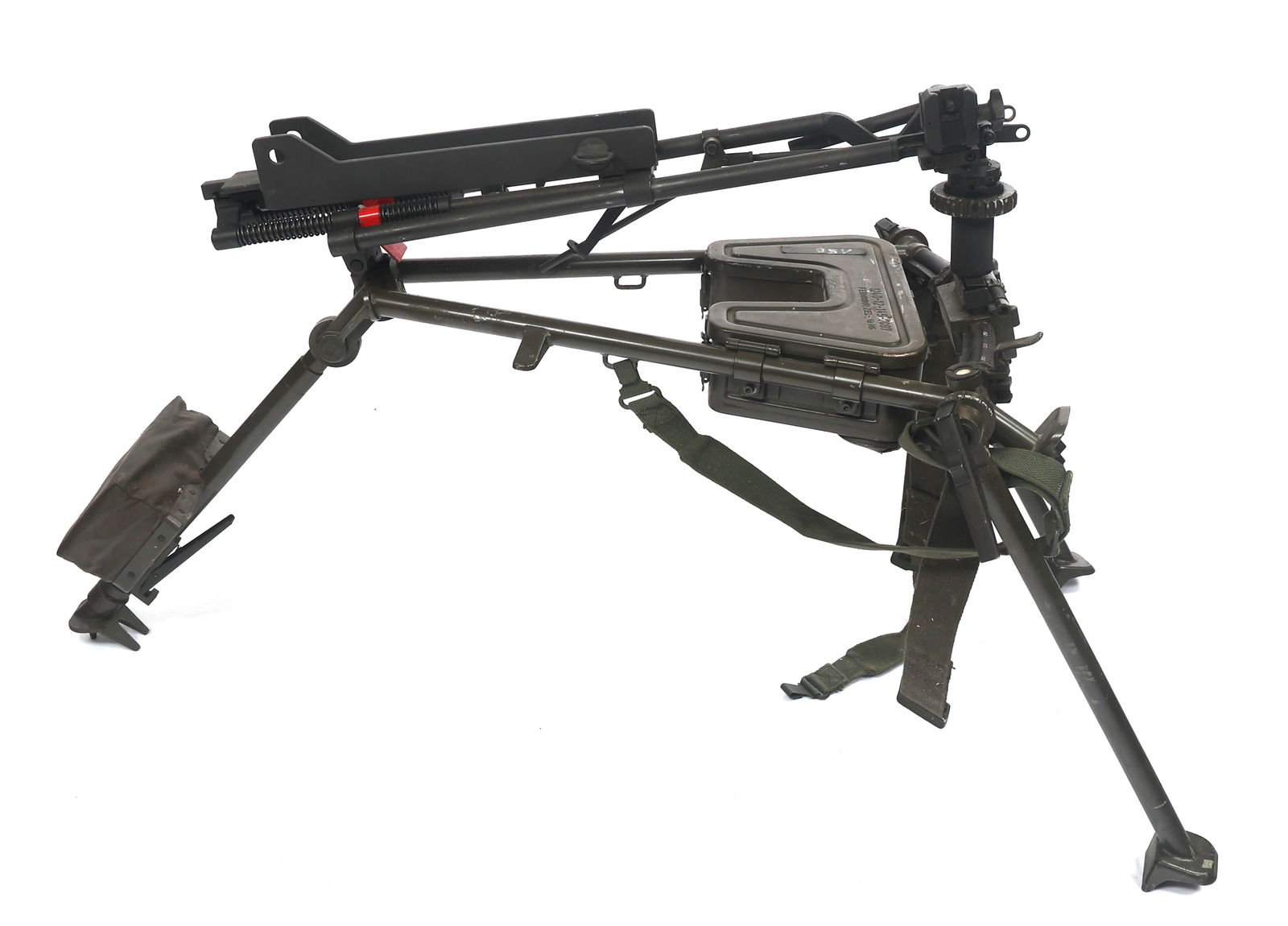 POST WAR GERMAN H&K MG3/42 TRIPOD MOUNT: POST WAR GERMAN H&K MG3/42 TRIPOD MOUNT Post war German Heckler & Koch model MG3/42 machine gun Lafette tripod mount. Traverse rail stamped D2330 0190-12/75. Hensoldt Wetzlar scope stamped 12-145-7100