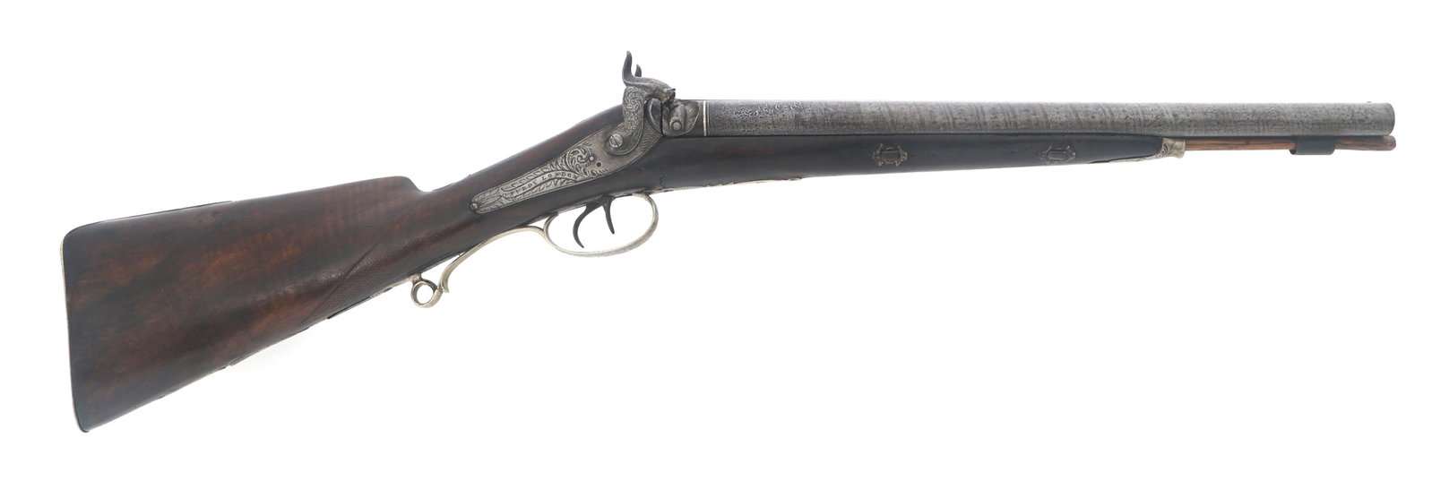 PURDY OF LONDON 12 GA PERCUSSION SXS SHOTGUN: PURDY OF LONDON 12 GA PERCUSSION SXS SHOTGUN Purdy of London 12 gauge side by side percussion shotgun. Heavily engraved. Cut down 16.5" Damascus-barrels with bead front sight. Checkered wood stock. Ca