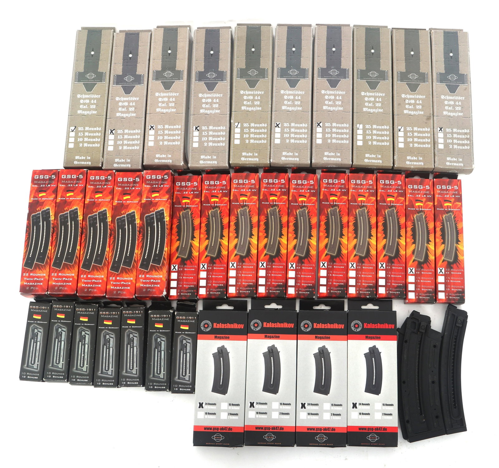22LR CALIBER RIFLE MAGAZINES: 22LR CALIBER RIFLE MAGAZINES Lot of 39 .22 long rifle caliber rifle magazines. Brands include German Sport Guns and others. Size / Gauge: 22LR Provenance: Lifetime Firearm Collection of Gerald L. Brun