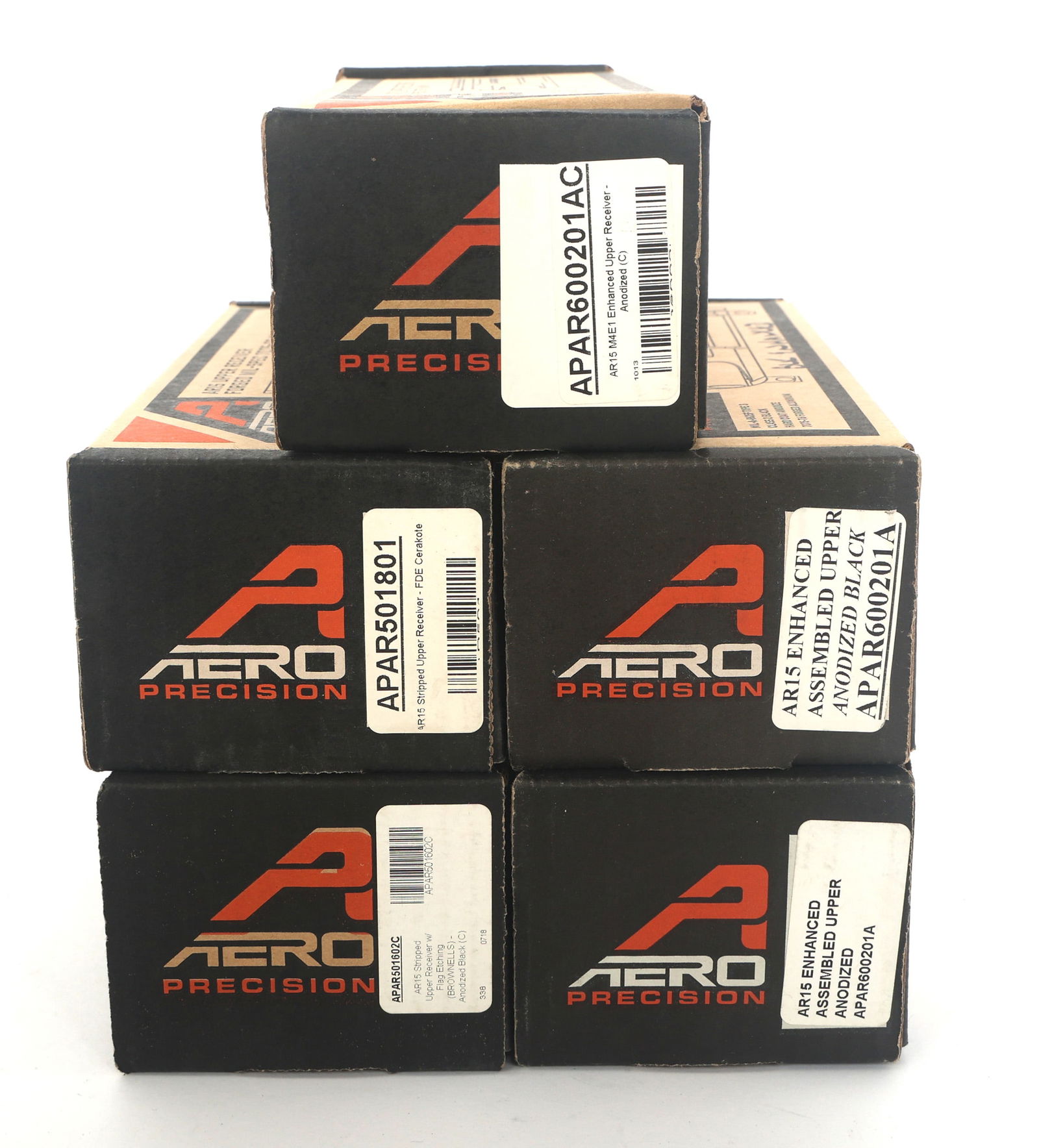 AERO PRECISION AR15 UPPER RECEIVERS: AERO PRECISION AR15 UPPER RECEIVERS Aero Precision AR15 upper receivers. Forged MIL-Spec 7075-T6 Aluminum. Colors include black and flat dark earth. Provenance: Lifetime Firearm Collection of Gerald L