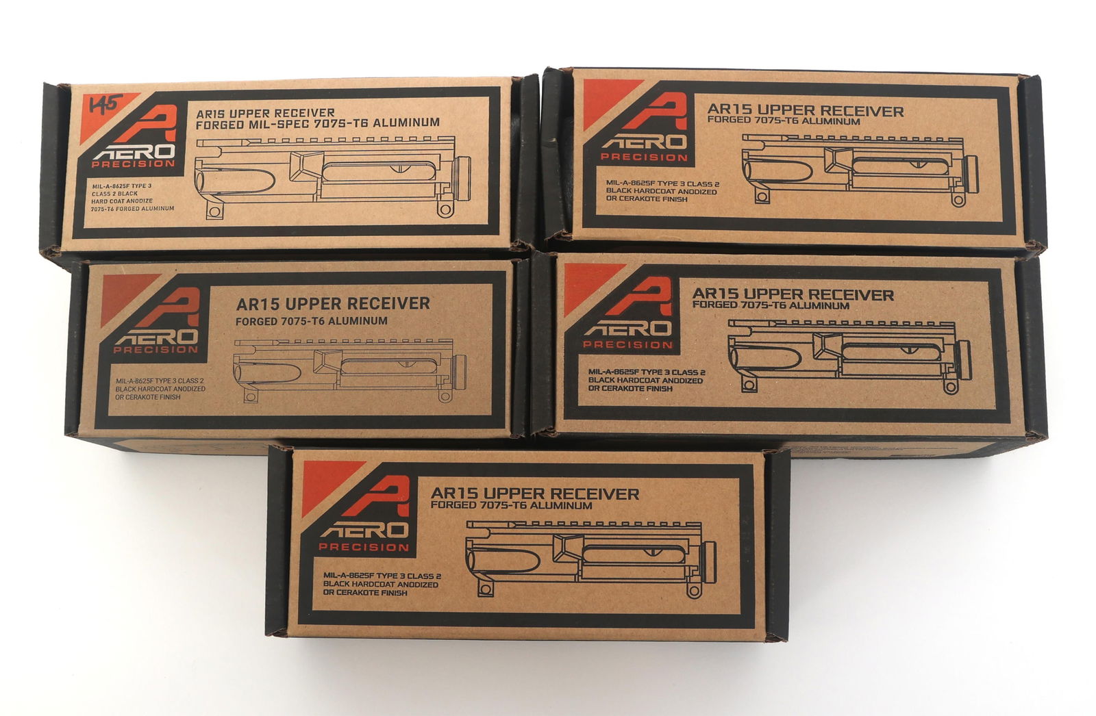 AERO PRECISION AR15 UPPER RECEIVERS - LOT OF 5: AERO PRECISION AR15 UPPER RECEIVERS - LOT OF 5 Lot of 5 Aero Precision AR15 upper receivers. Forged MIL-Spec 7075-T6 Aluminum. Colors include black, northern lights camo,and flat dark earth. Provenanc