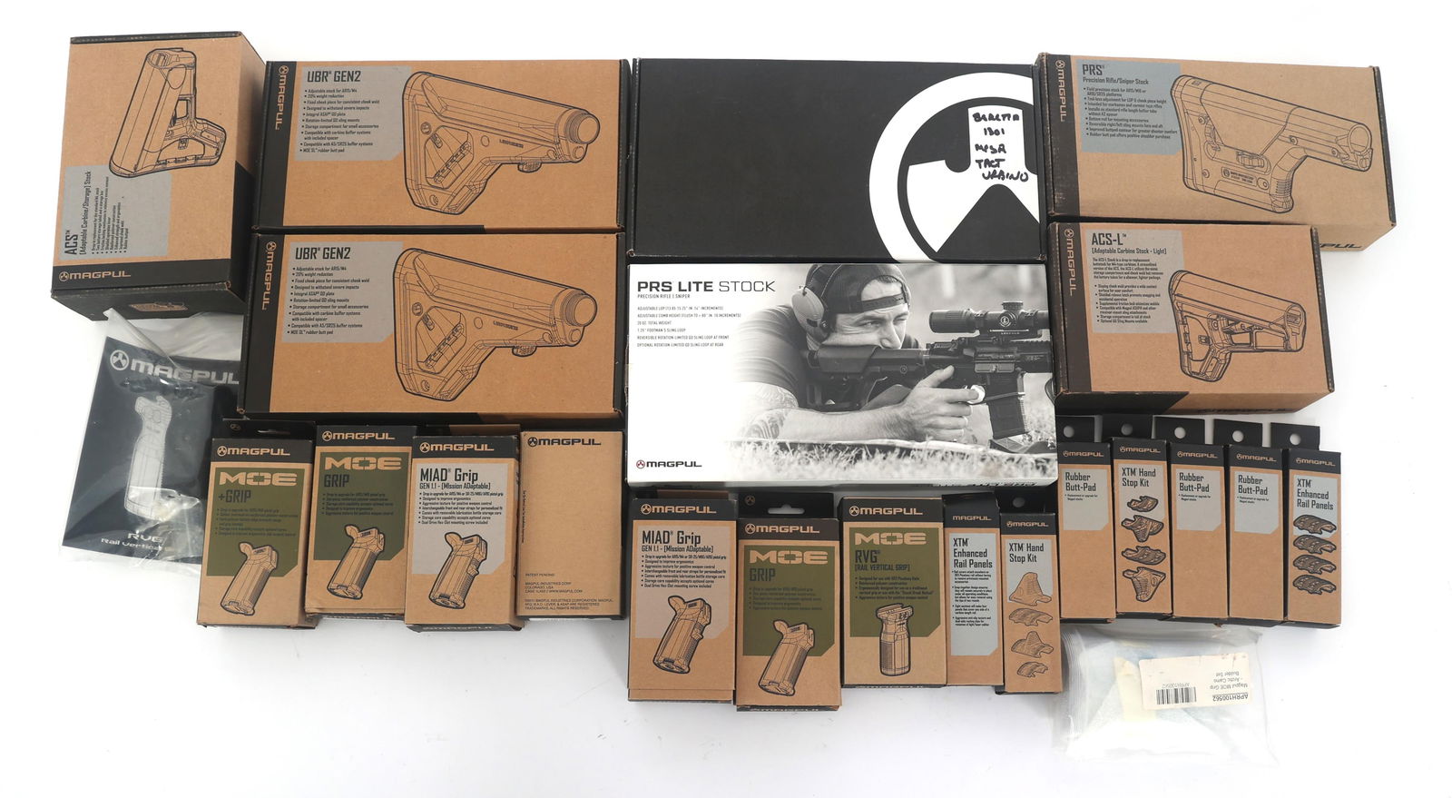 MAGPUL AR 15 STOCKS AND GRIPS: MAGPUL AR 15 STOCKS AND GRIPS Lot of Magpul furniture and parts for AR 15 rifles. Includes grips, stocks, and more. Provenance: Lifetime Firearm Collection of Gerald L. Bruno Jr. (1959-2024 | Woodhave