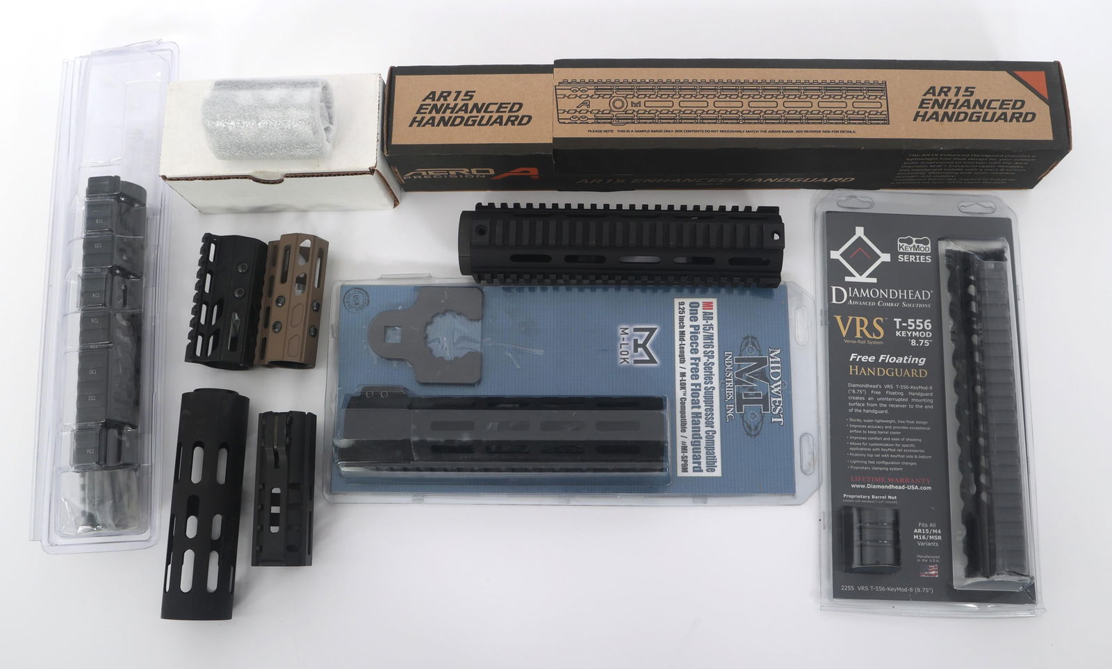 AR-15 RIFLE FREE FLOAT HAND GUARDS: AR-15 RIFLE FREE FLOAT HAND GUARDS Lot of free float hand guards for AR-15 style rifles. Brands include Aero Precision, Midwest Industries, and others. Provenance: Lifetime Firearm Collection of Geral