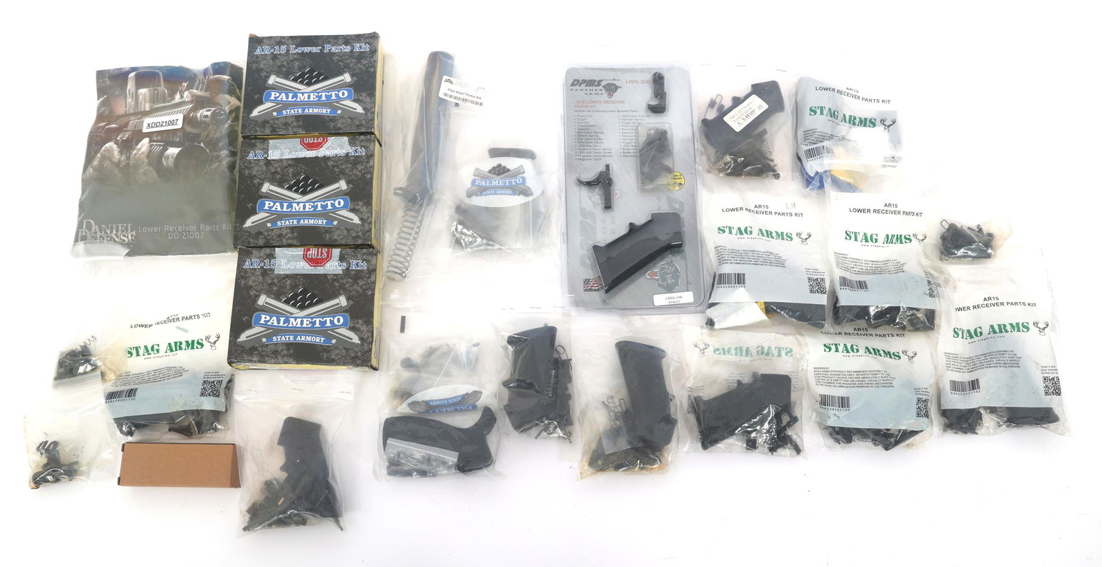 AR-15 RIFLE LOWER RECIVER SMALL PARTS KITS: AR-15 RIFLE LOWER RECIVER SMALL PARTS KITS Lot of lower receiver parts kits for AR-15 rifles. Brands include Stag Arms, DPMS, Palmetto State Armory, and others. Provenance: Lifetime Firearm Collection
