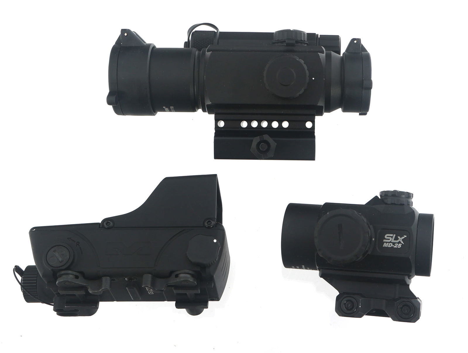 MEPRO AND PRIMARY ARMS RED DOT SIGHTS: MEPRO AND PRIMARY ARMS RED DOT SIGHTS MEPRO and two Primary Arms red dot sights. A) MEPRO RDS red dot sight. Four illumination settings. Cover. B) Primary Arms SLX MD-25 red dot sight. Two night visio
