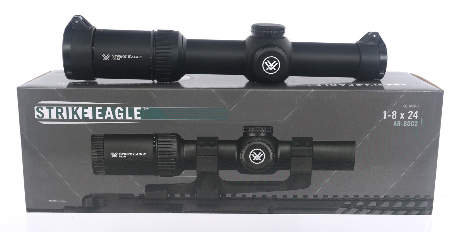 VORTEX STRIKE EAGLE ILLUMINATED 1-8X24 RIFLE SCOPE: VORTEX STRIKE EAGLE ILLUMINATED 1-8X24 RIFLE SCOPE Vortex Strike Eagle 1-8x24 rifle scope. Illuminated AR-BDC2 reticle. Second focal plane. Flip up lens covers. Original cardboard box. Microfiber clot