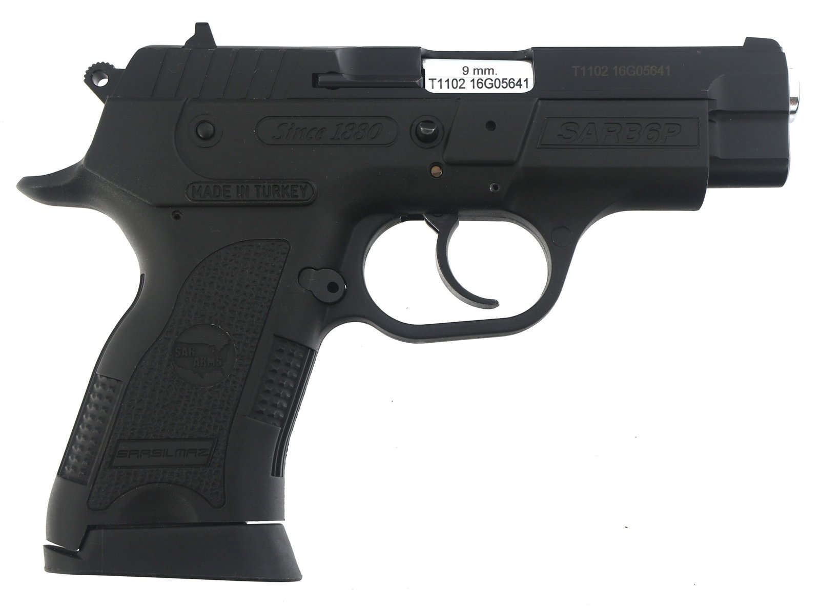 SAR ARMS MODEL SARB6P 9x19mm CALIBER PISTOL: SAR ARMS MODEL SARB6P 9x19mm CALIBER PISTOL SAR Arms Model SARB6P 9x19mm caliber semi-automatic pistol. Polymer frame with textured grips. Fixed sights. Two magazines. SAR Arms hard plastic case with 