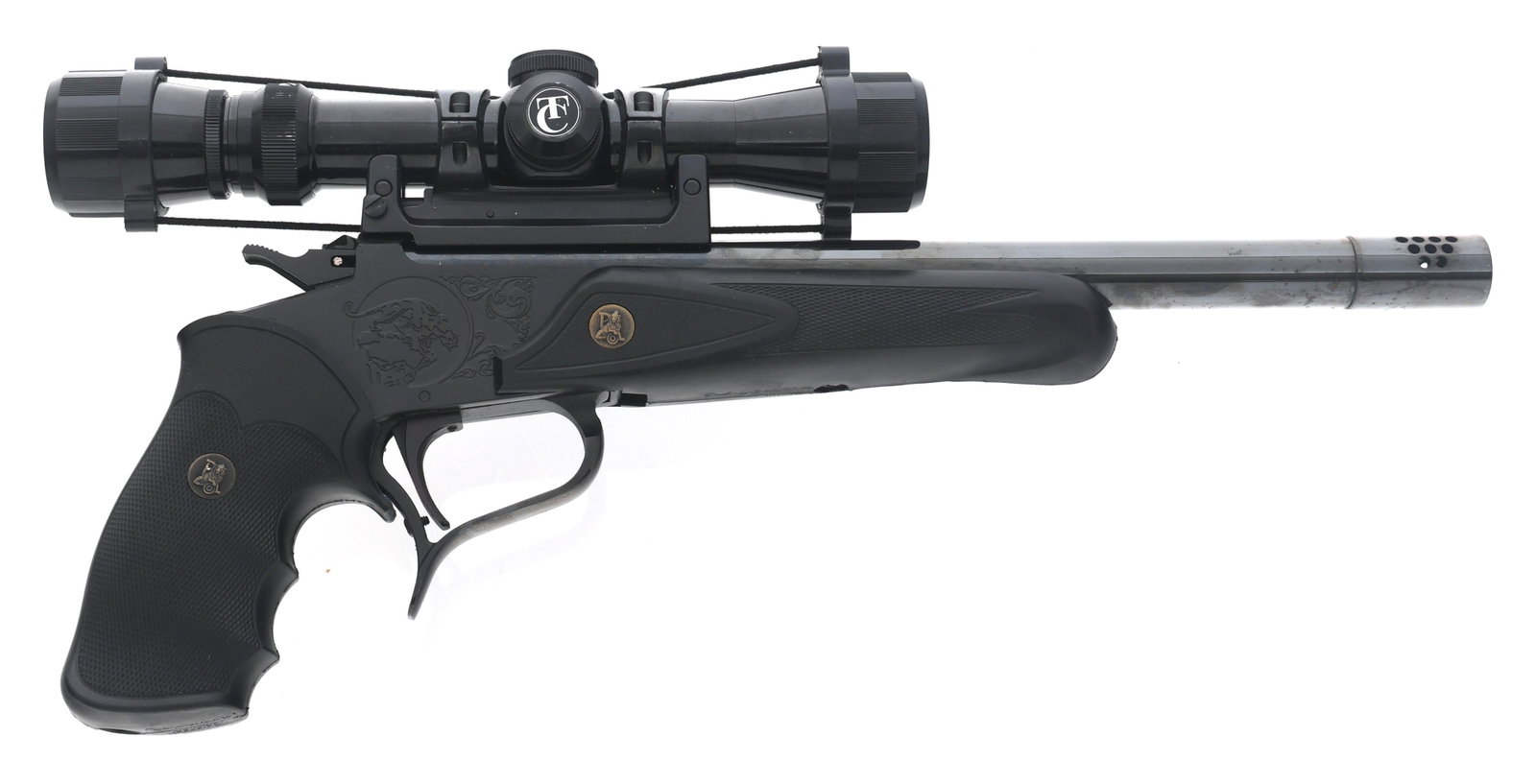 THOMPSON CENTER CONTENDER .223 CALIBER PISTOL: THOMPSON CENTER CONTENDER .223 CALIBER PISTOL Thompson Center Arms Model Contender .223 Rem caliber pistol. Blued finish. Pachmayr grips. Ported barrel. TC 2.5-7 Scope with duplex reticle. Caliber / G