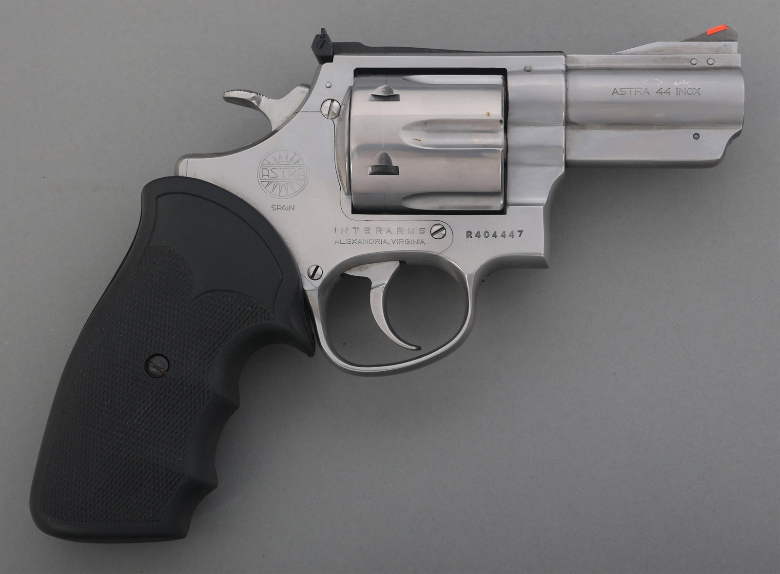 ASTRA MODEL 44 INOX .44 MAG CALIBER DA REVOLVER: ASTRA MODEL 44 INOX .44 MAG CALIBER DA REVOLVER Astra model 44 INOX .44 MAG caliber double action revolver. Import stamped Interarms. Stainless steel. Checkered rubber grips. Ramp front sight with red