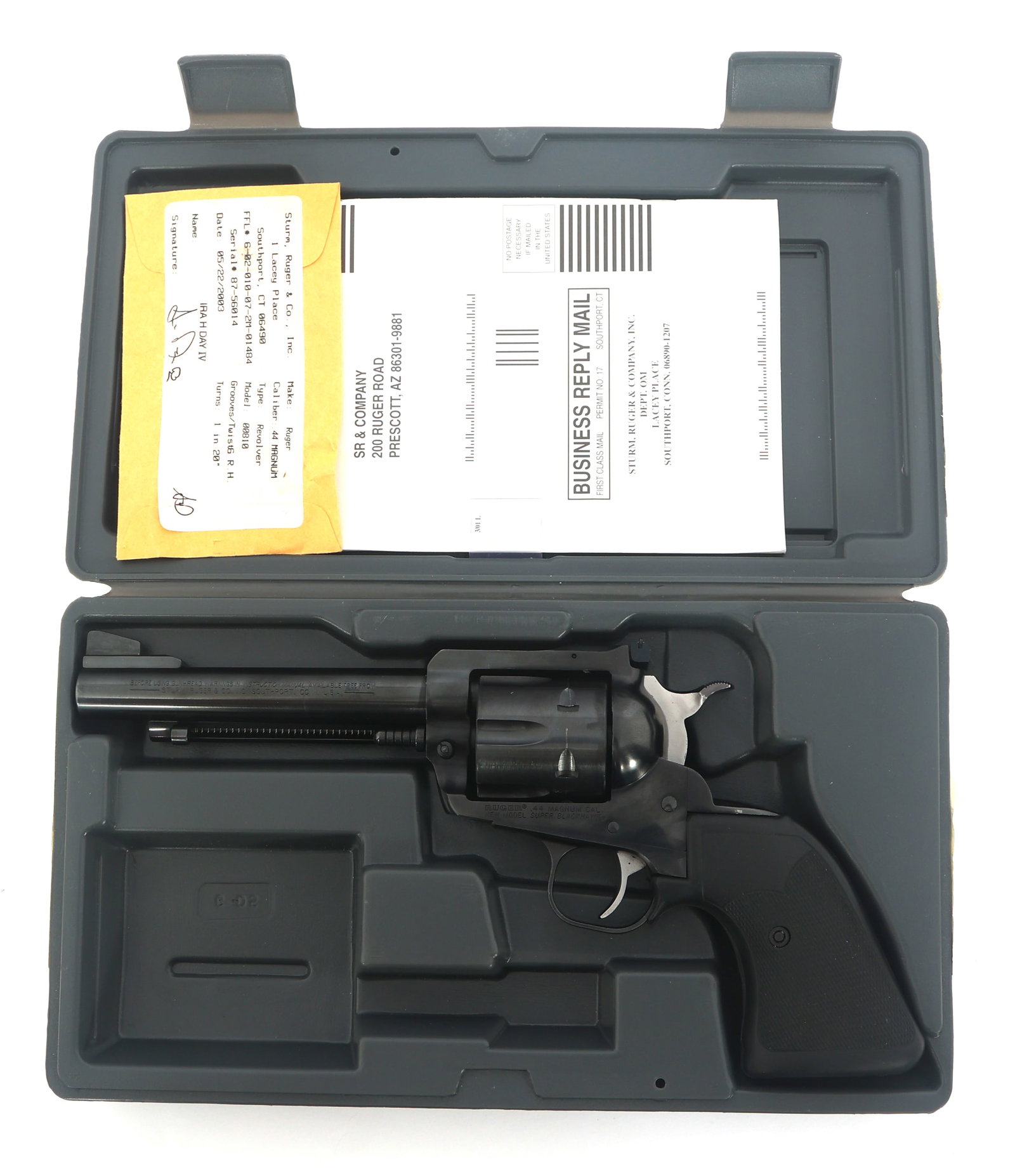 RUGER NEW MODEL SUPER BLACKHAWK .44 MAG REVOLVER: RUGER NEW MODEL SUPER BLACKHAWK .44 MAG REVOLVER Ruger New Model Super Blackhawk .44 caliber single action revolver. Fluted 9 shot cylinder. Front blade sight. Rear target sight. Black rubber checkere