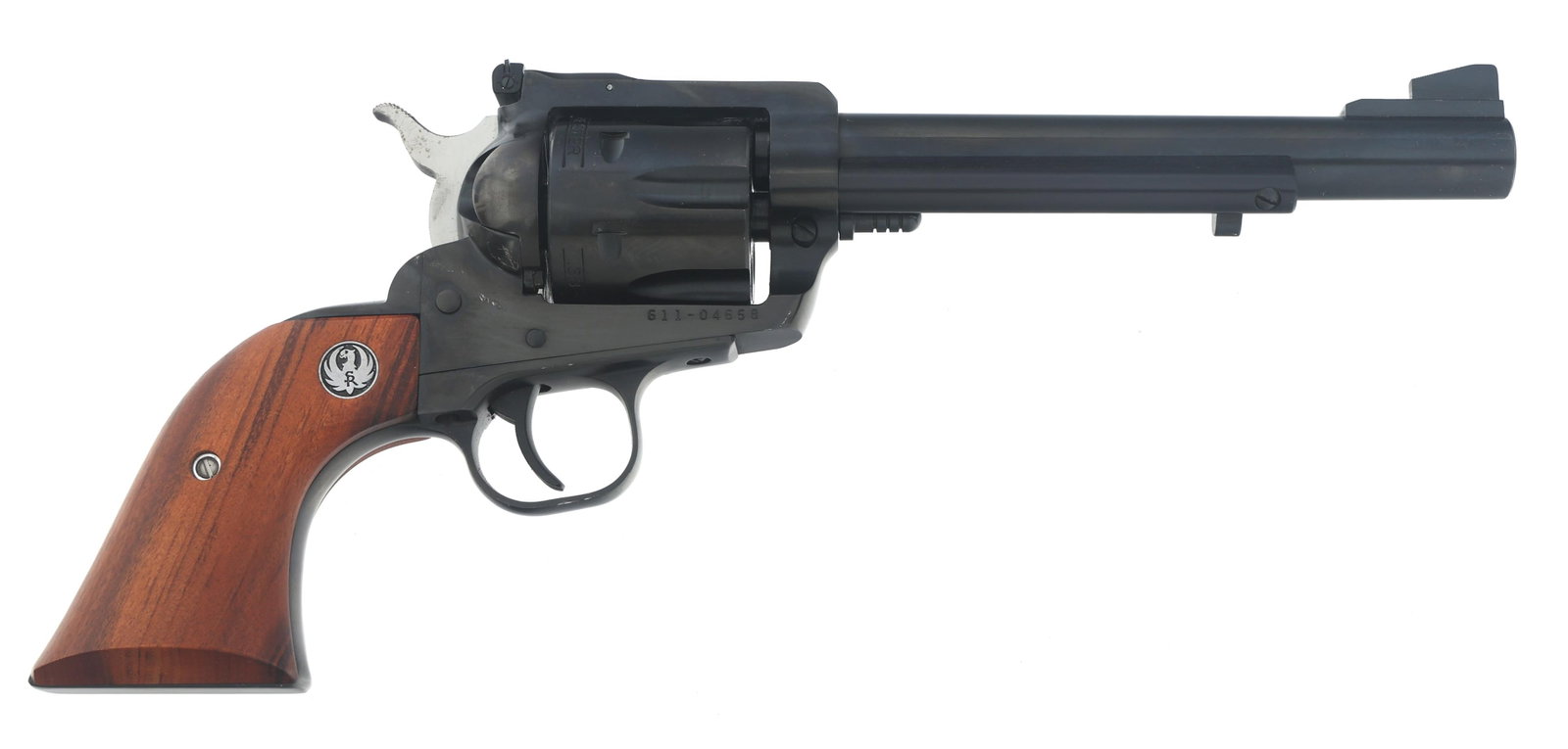 RUGER NEW MODEL BLACKHAWK BUCKEYE SPECIAL REVOLVER: RUGER NEW MODEL BLACKHAWK BUCKEYE SPECIAL REVOLVER Ruger New Model Blackhawk Buckeye Special .38-40 caliber single action revolver. Buckeye leaf stamped on top strap. Blued finish. Wood grips with Rug