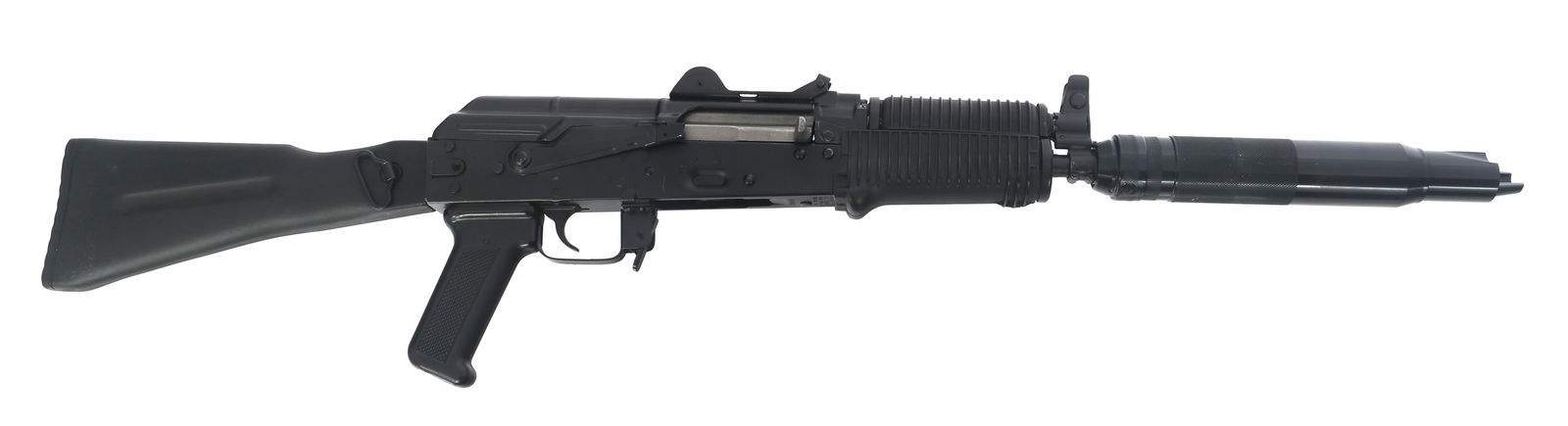 CUSTOM BUILT 5.45x39mm CALIBER SEMI AUTO AK RIFLE: CUSTOM BUILT 5.45x39mm CALIBER SEMI AUTO AK RIFLE Custom Built 5.45x39mm caliber semi automatic rifle. Krinkov style parts on Nodak Spud Model NDS-2SF receiver. Pinned and welded barrel extension. No