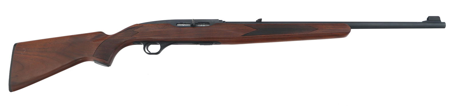 WINCHESTER MODEL 490 22 LR CALIBER RIFLE: WINCHESTER MODEL 490 22 LR CALIBER RIFLE Winchester Model 490 .22 LR caliber semi automatic rifle. Blued finish. Checkered wood stock. Hooded front sight. Adjustable rear buckhorn sight. One magazine.