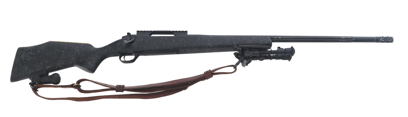 WEATHERBY MARK V 308 WIN CALIBER BOLT ACTION RIFLE: WEATHERBY MARK V 308 WIN CALIBER BOLT ACTION RIFLE Weatherby Mark V .308 WIN caliber bolt action rifle. Monte Carlo fiberglass stock with felt covered cheek rest. Fluted barrel with muzzle brake. Pica