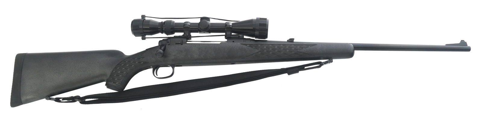 SAVAGE STEVENS MODEL 110E 30-06 CALIBER RIFLE: SAVAGE STEVENS MODEL 110E 30-06 CALIBER RIFLE Savage Stevens Model 110E 30-06 caliber bolt action rifle. Black polymer stock with mounted sling. Front ramp sight. Rear flip up adjustable sight. Mounte