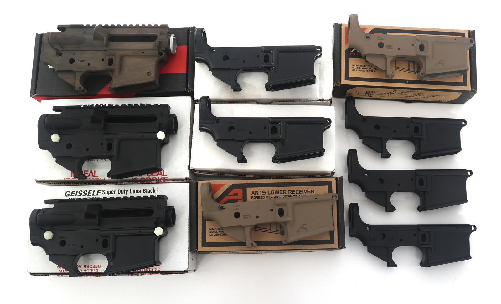 AR 15 LOWER RECEIVERS - GEISSELE, AERO, & MORE: AR 15 LOWER RECEIVERS - GEISSELE, AERO, & MORE Ten AR 15 style lower receivers. A) Geissele Automatics Model SD-556 5.56mm caliber lower and upper AR rifle receivers. SN: SD556-032376. Factory cardboa