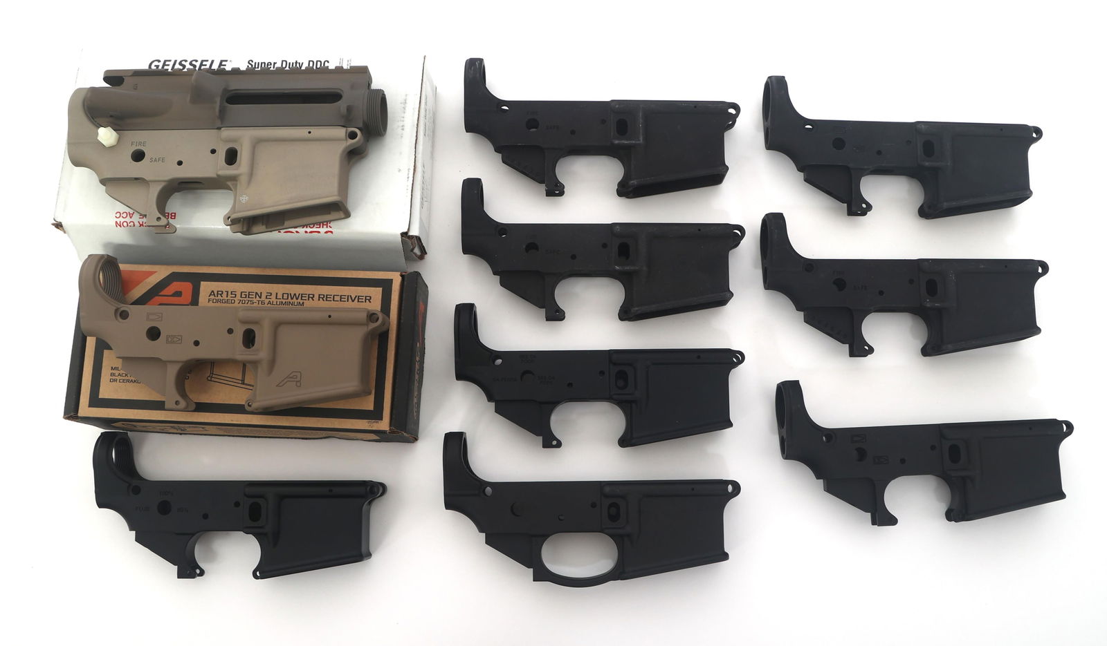 AR 15 LOWER RECEIVERS - GEISSELE, AERO, & MORE: AR 15 LOWER RECEIVERS - GEISSELE, AERO, & MORE Ten AR 15 lower receivers. A) Palmetto State Armory Model Vatipants-15 multi caliber lower AR rifle receiver. SN: SLIPPED10888. B) Palmetto State Armory
