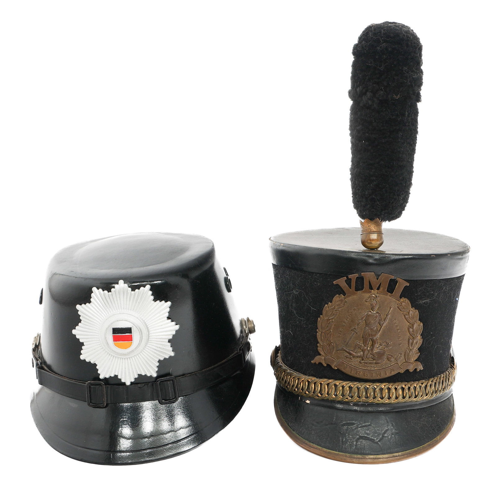 PRE WWI US VMI & COLD WAR GERMAN POLICE SHAKOS: PRE WWI US VMI & COLD WAR GERMAN POLICE SHAKOS Pre WWI - Cold War US VMI Cadet and German Police Shakos. (1) Pre WWI VMI Cadet Shako. Felt body with leather top and visor. Removable plume. Complete li