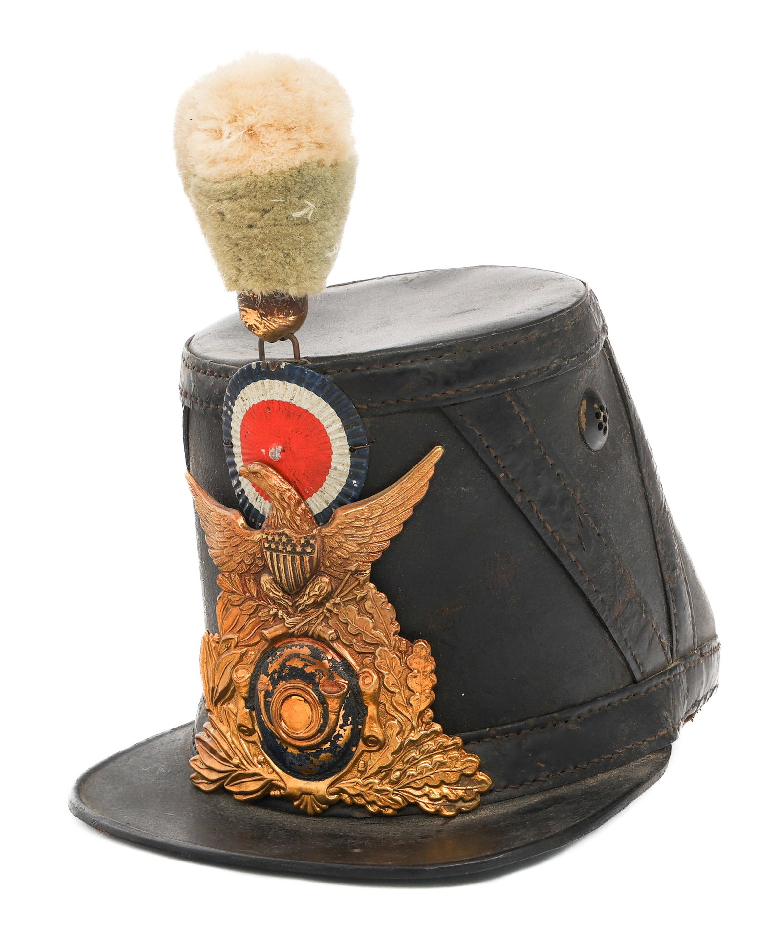 CIVIL WAR M1860 US INFANTRY SHAKO: CIVIL WAR M1860 US INFANTRY SHAKO Civil War French Made Model 1860 US Infantry Shako. Full leather construction with brass infantry cap badge, national cockade and white pompom. Leather sweatband stam