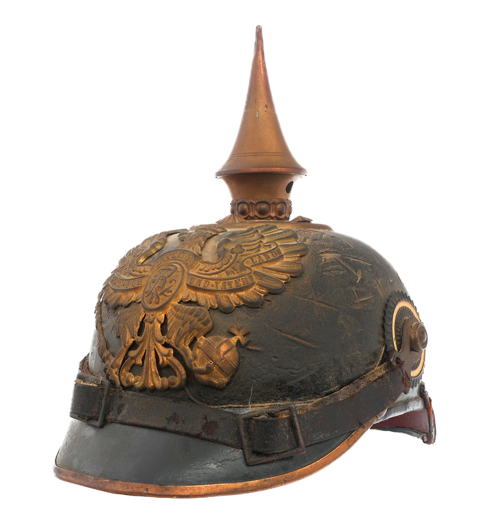 IMPERIAL GERMAN GRENADIER REGIMENT PICKELHAUBE: IMPERIAL GERMAN GRENADIER REGIMENT PICKELHAUBE Imperial German Prussian Grenadier Enlisted Pickelhaube Helmet. Black, leather hard shell with brass visor trim, rear spine and removable spike. Prussian
