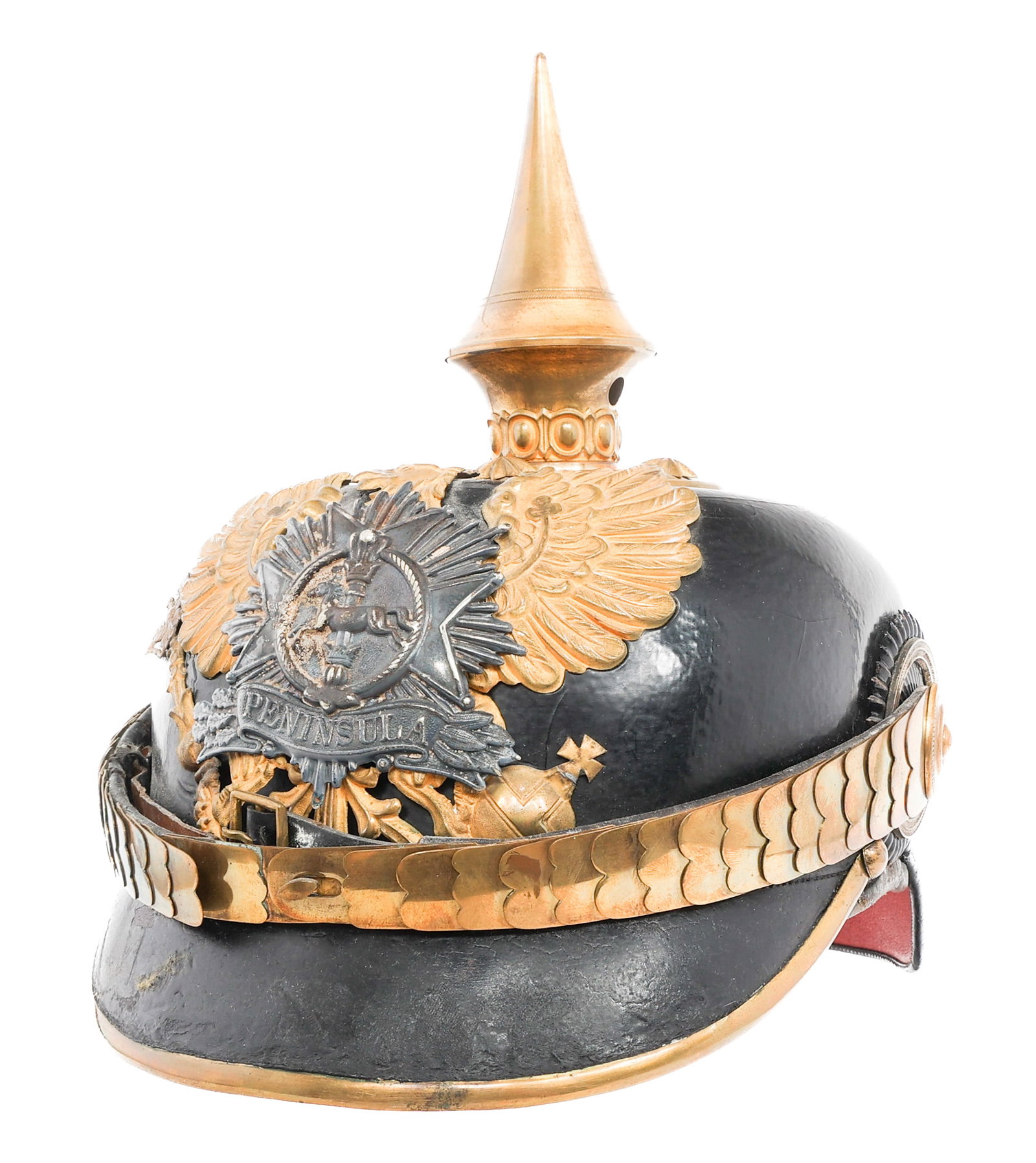 GERMAN BRAUNSCHWEIG 92nd INFANTRY REGT PICKELHAUBE: GERMAN BRAUNSCHWEIG 92nd INFANTRY REGT PICKELHAUBE Pre-1912 Imperial German Braunschweig 92nd Infantry Regiment, 1st or 2nd Battalion, One year Volunteer Reserve Officer's Pickelhaube Helmet. Black le