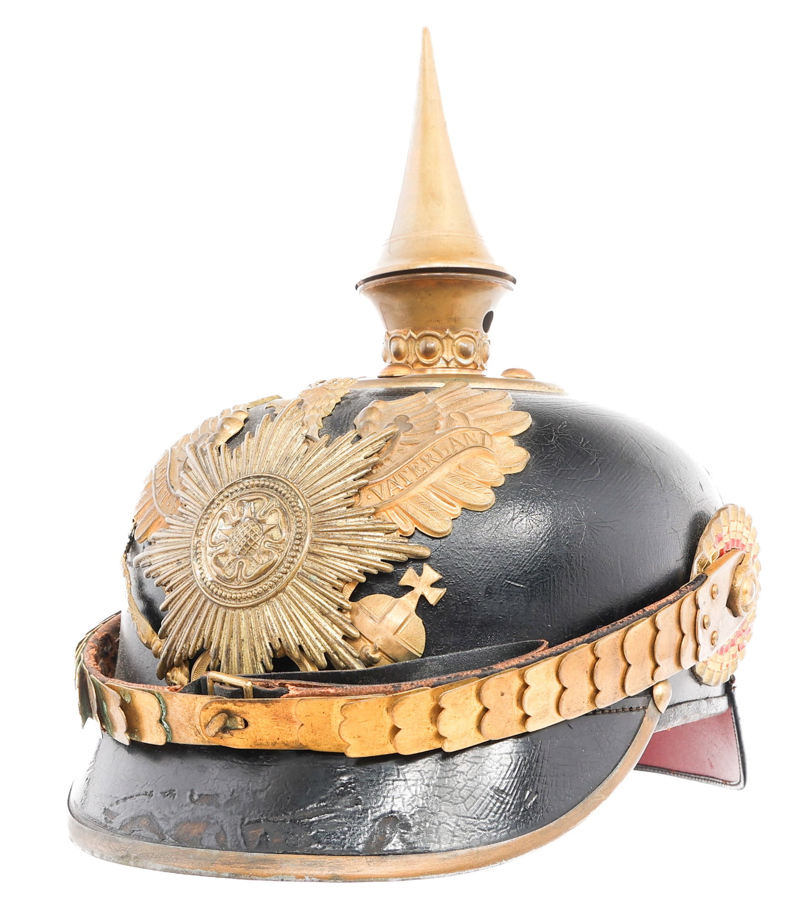 IMPERIAL GERMAN LIPPE 55th INFANTRY PICKELHAUBE: IMPERIAL GERMAN LIPPE 55th INFANTRY PICKELHAUBE Imperial German Lippe 55th "Count Bülow von Dennewitz" infantry Regiment NCO Pickelhaube Helmet. Black leather hard shell with brass visor trim, rear s