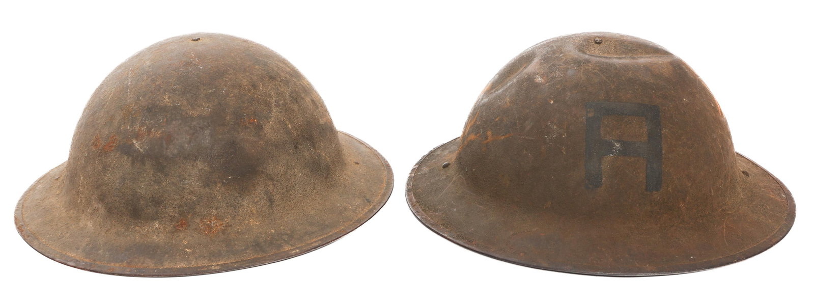 WWI US AEF 1st ARMY M1917 DOUGHBOY HELMETS: WWI US AEF 1st ARMY M1917 DOUGHBOY HELMETS WWI US AEF M1917 "Doughboy" Helmets. (1) 1st Army M1917 with liner. Unit emblem painted on the front. (1) M1917 with liner and chinstrap.