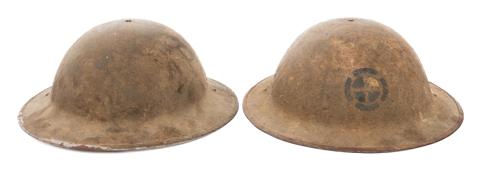 WWI US AEF 35th DIVISION M1917 "DOUGHBOY" HELMETS: WWI US AEF 35th DIVISION M1917 "DOUGHBOY" HELMETS Two WWI US AEF 35th Division M1917 "Doughboy" Helmets. Unit emblems painted on the shell. One is 139th Infantry Regiment and the other 129th Machine G