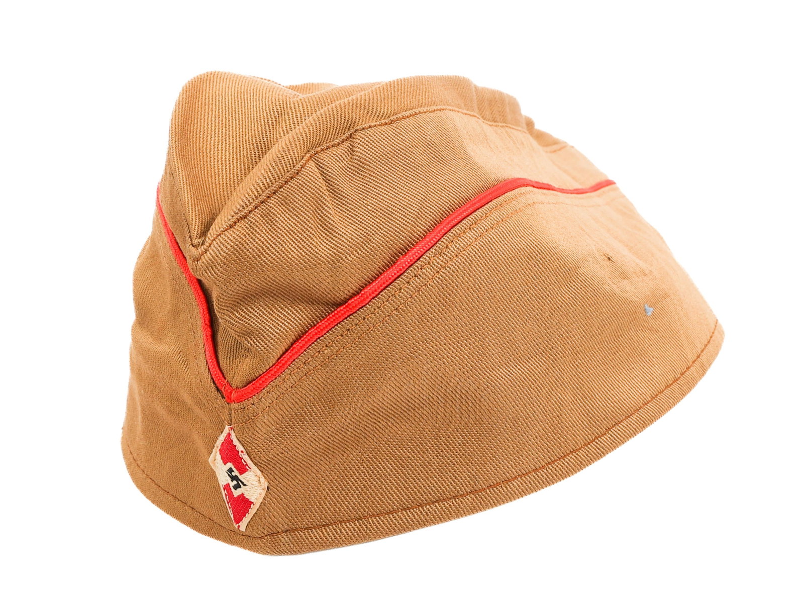 WWII GERMAN HITLER YOUTH OVERSEAS CAP: WWII GERMAN HITLER YOUTH OVERSEAS CAP WWII German Hitler Youth Overseas Cap. Khaki cotton construction with red piping and HJ diamond patch. Partial grey leather sweatband. RZM tag and size stamp pres
