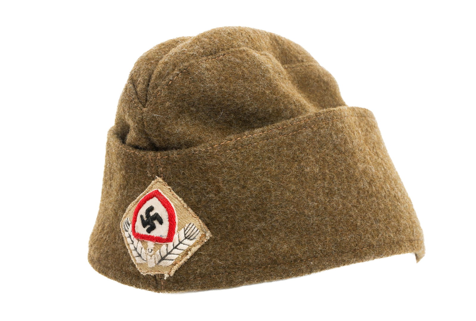 WWII GERMAN RAD ENLISTED OVERSEAS CAP: WWII GERMAN RAD ENLISTED OVERSEAS CAP WWII German RAD Enlisted Overseas Cap. Brown wool construction with embroidered frontal cap patch. Maker mark of Carl Halfar Berlin and size ink stamped in the li