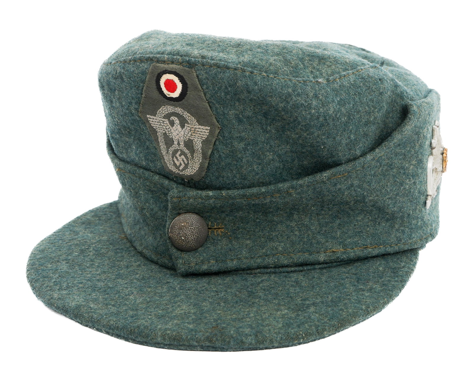 WWII GERMAN MOUNTAIN TROOP POLICE M43 FIELD CAP: WWII GERMAN MOUNTAIN TROOP POLICE M43 FIELD CAP WWII German Mountain Troop Police M43 Field Cap. Fine wool construction with German police and cockade cap badge. Edelweiss badge present on the side. N