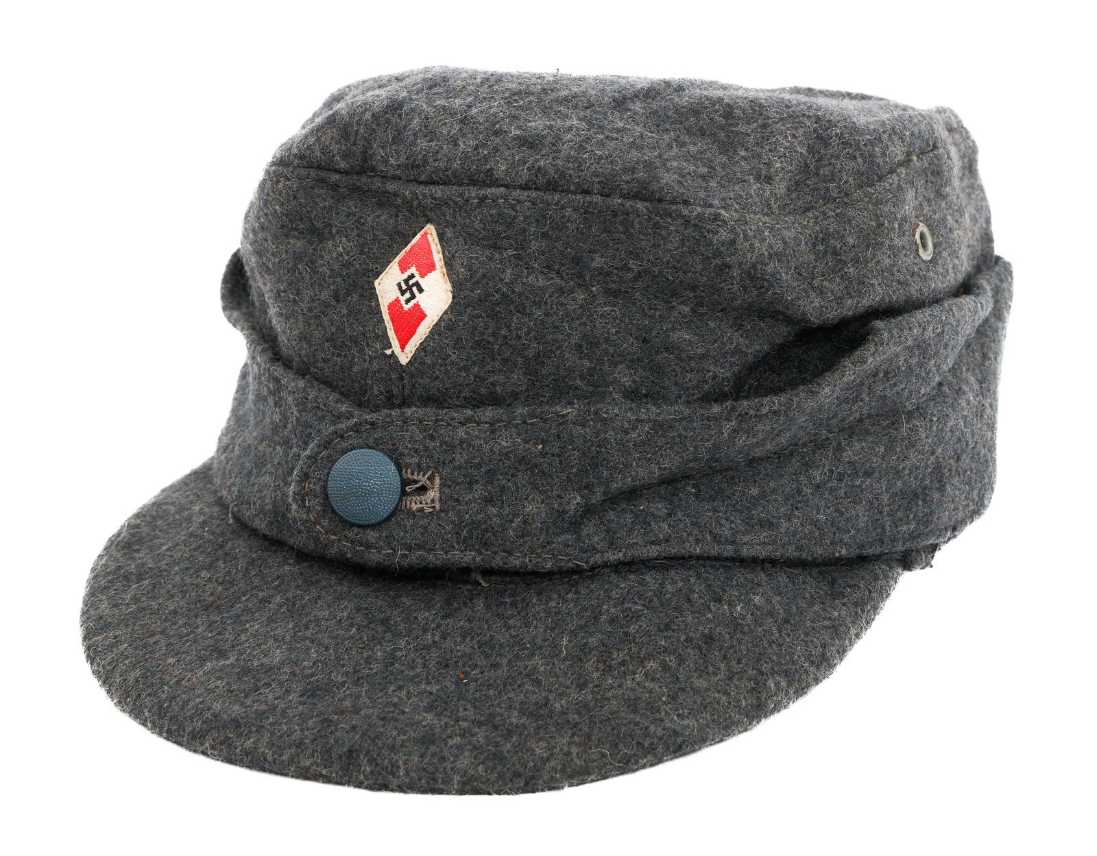 WWII GERMAN HITLER YOUTH FLAK HELPER'S FIELD CAP: WWII GERMAN HITLER YOUTH FLAK HELPER'S FIELD CAP WWII German Hitler Youth Flak Helper's Field Cap. Fine wool construction with cloth HJ diamond badge. Stamps present, faded.