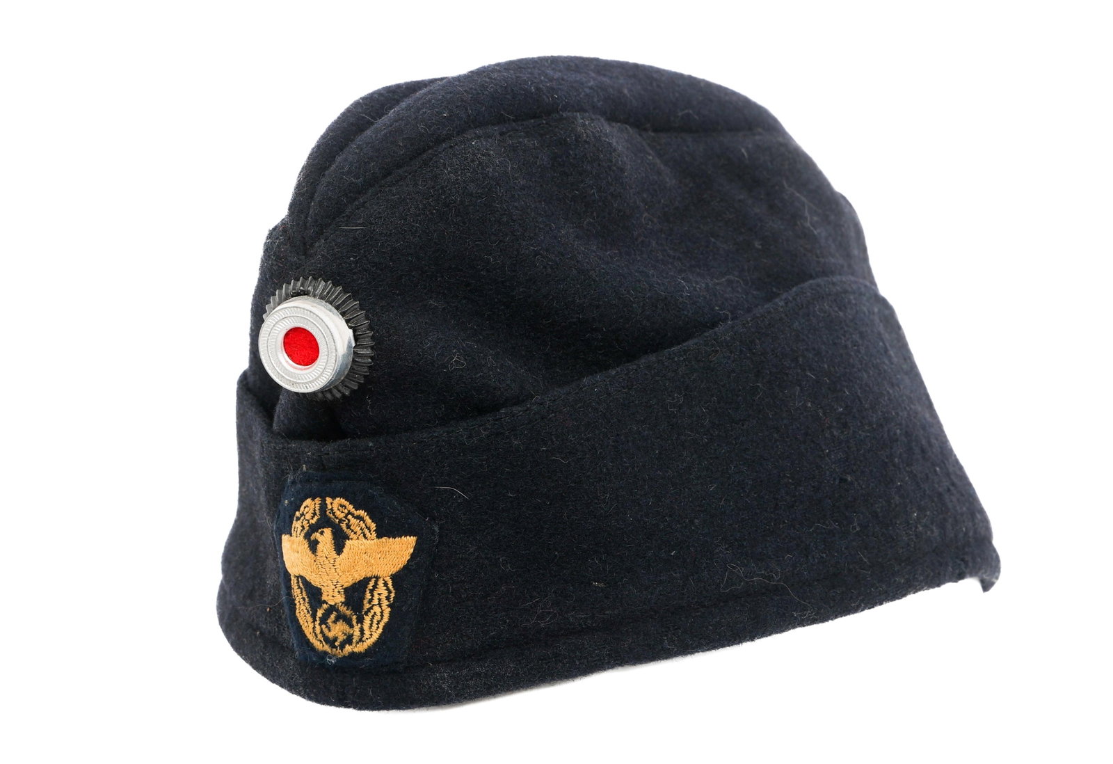 WWII GERMAN WATER PROTECTION POLICE OVERSEAS CAP: WWII GERMAN WATER PROTECTION POLICE OVERSEAS CAP WWII German Water Protection Police Overseas Cap. Dark blue wool construction with national cockade and embroidered Water Police eagle cap patches. Mak