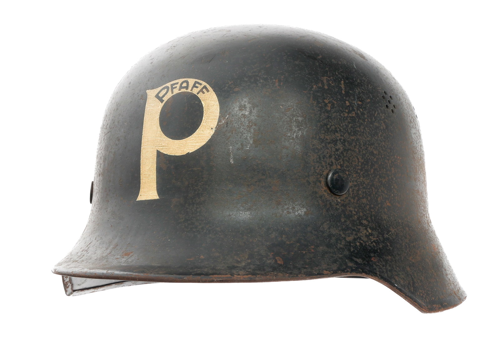 WWII GERMAN FIRE POLICE PFAFF SECURITY M34 HELMET: WWII GERMAN FIRE POLICE PFAFF SECURITY M34 HELMET WWII German Fire Police PFAFF Security M34 Helmet. PFAFF Company logo painted on the front. Maker mark of VDNS64 and "B8" stamped on the brim. Nine-to