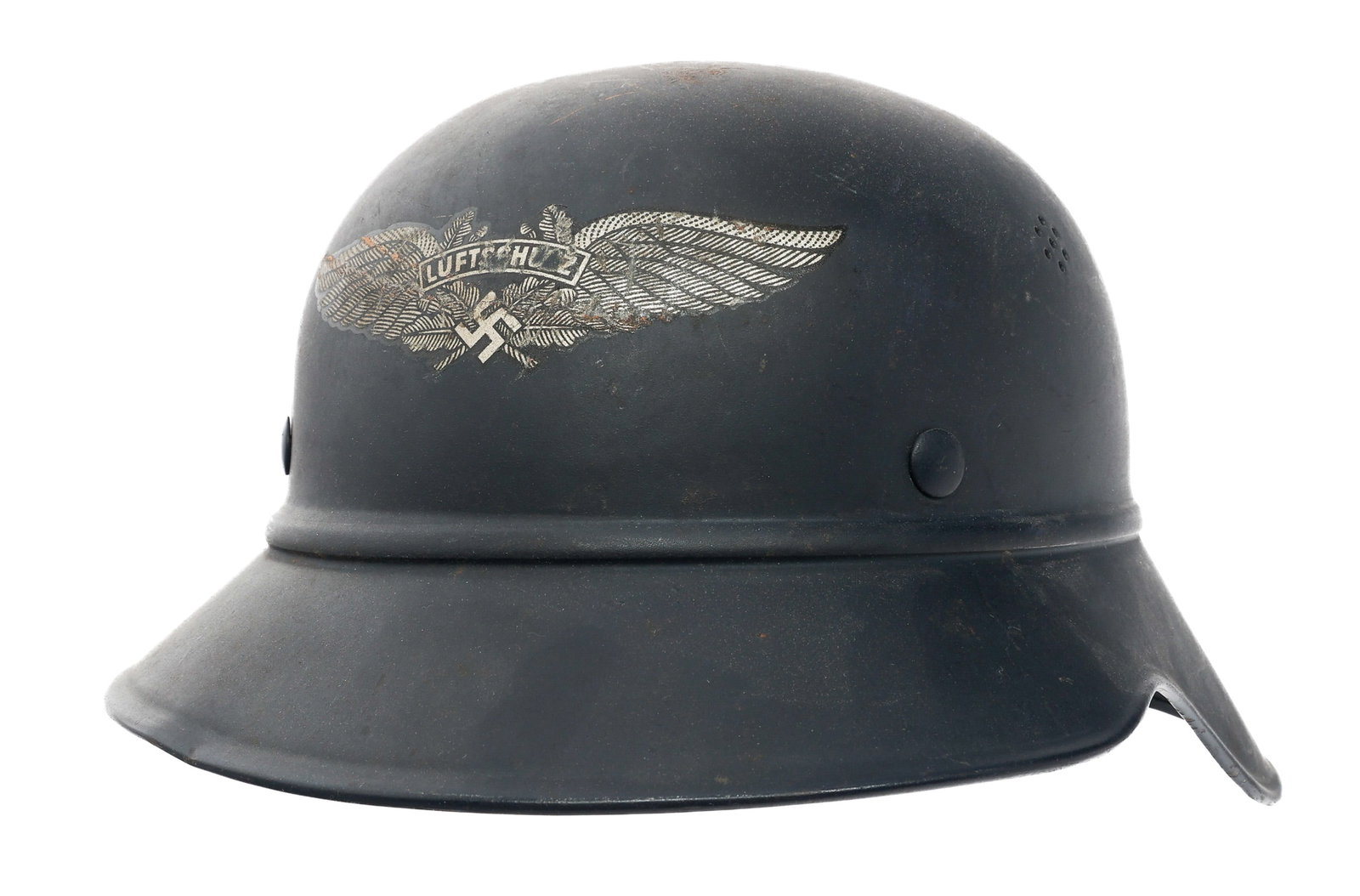 WWII GERMAN LUFTSCHUTZ M38 GLADIATOR HELMET: WWII GERMAN LUFTSCHUTZ M38 GLADIATOR HELMET WWII German Luftschutz M38 Gladiator Helmet. Luftschutz Decal on the front. Leather liner & chinstrap. "RL2 - 39/21" stamped on the interior next to manufac