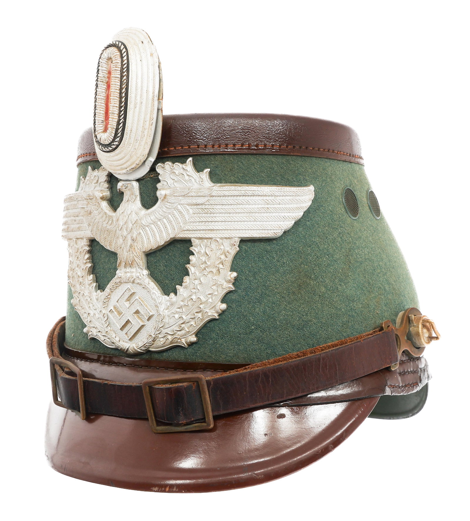 WWII GERMAN GENDARMERIE ENLISTED / NCO SHAKO: WWII GERMAN GENDARMERIE ENLISTED / NCO SHAKO WWII German Gendarmerie Enlisted/NCO Shako. Green felt covered hard body with composite top, visor and neck guard. Double buckle leather chinstrap. Aluminu