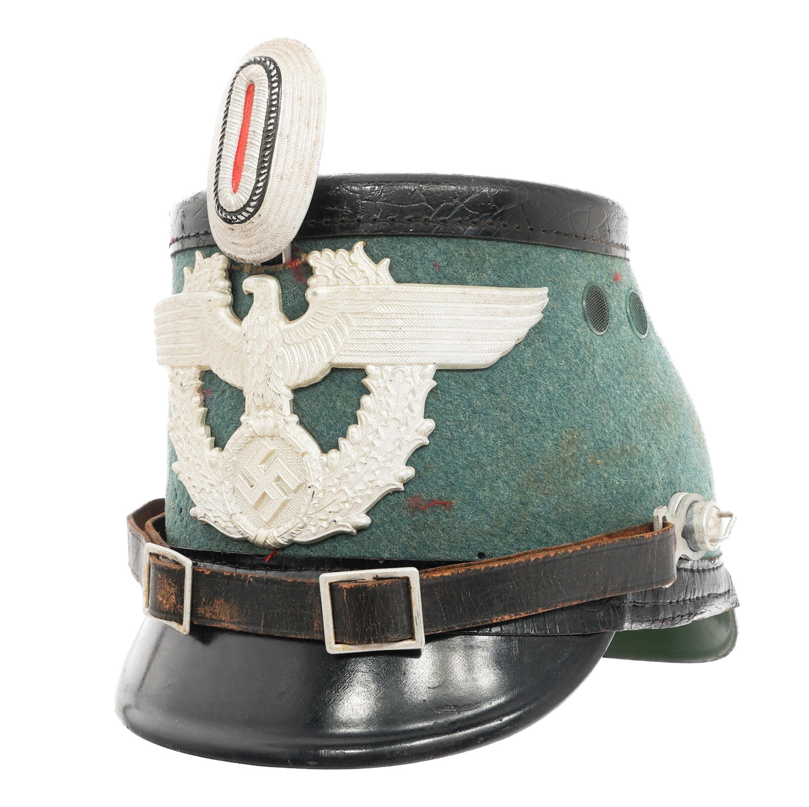 WWII GERMAN MUNICIPAL POLICE EM / NCO SHAKO: WWII GERMAN MUNICIPAL POLICE EM / NCO SHAKO WWII German Municipal Police Enlisted/NCO Shako. Green felt covered hard body with leather top and composite visor and neck guard. Double buckle leather chi