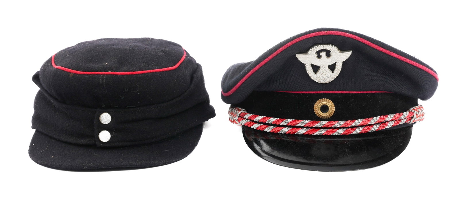 WWII GERMAN FIRE POLICE OFFICER VISOR & FIELD CAPS: WWII GERMAN FIRE POLICE OFFICER VISOR & FIELD CAPS WWII German Fire Police Officer Visor and Field Caps. (1) Visor Cap. Navy blue wool construction with bright pink piping and officer chincord. Early 