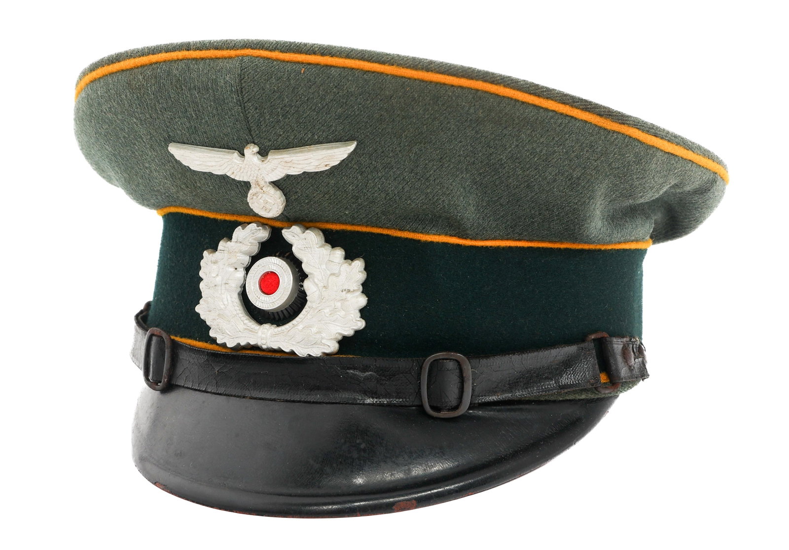WWII GERMAN HEER SIGNALS NCO VISOR CAP: WWII GERMAN HEER SIGNALS NCO VISOR CAP WWII German Heer Signals NCO Visor Cap. Feldgrau wool construction with yellow waffenfarbe. Heer eagle and wreathed cockade cap badges. Black leather chinstrap, 