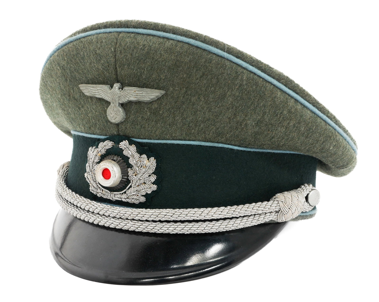 WWII GERMAN HEER TRANSPORT OFFICER VISOR CAP: WWII GERMAN HEER TRANSPORT OFFICER VISOR CAP WWII German Heer Transportation Officer Visor Cap. Feldgrau wool construction with light blue waffenfarbe. Alloy Heer eagle and bullion wreathed cockade ca