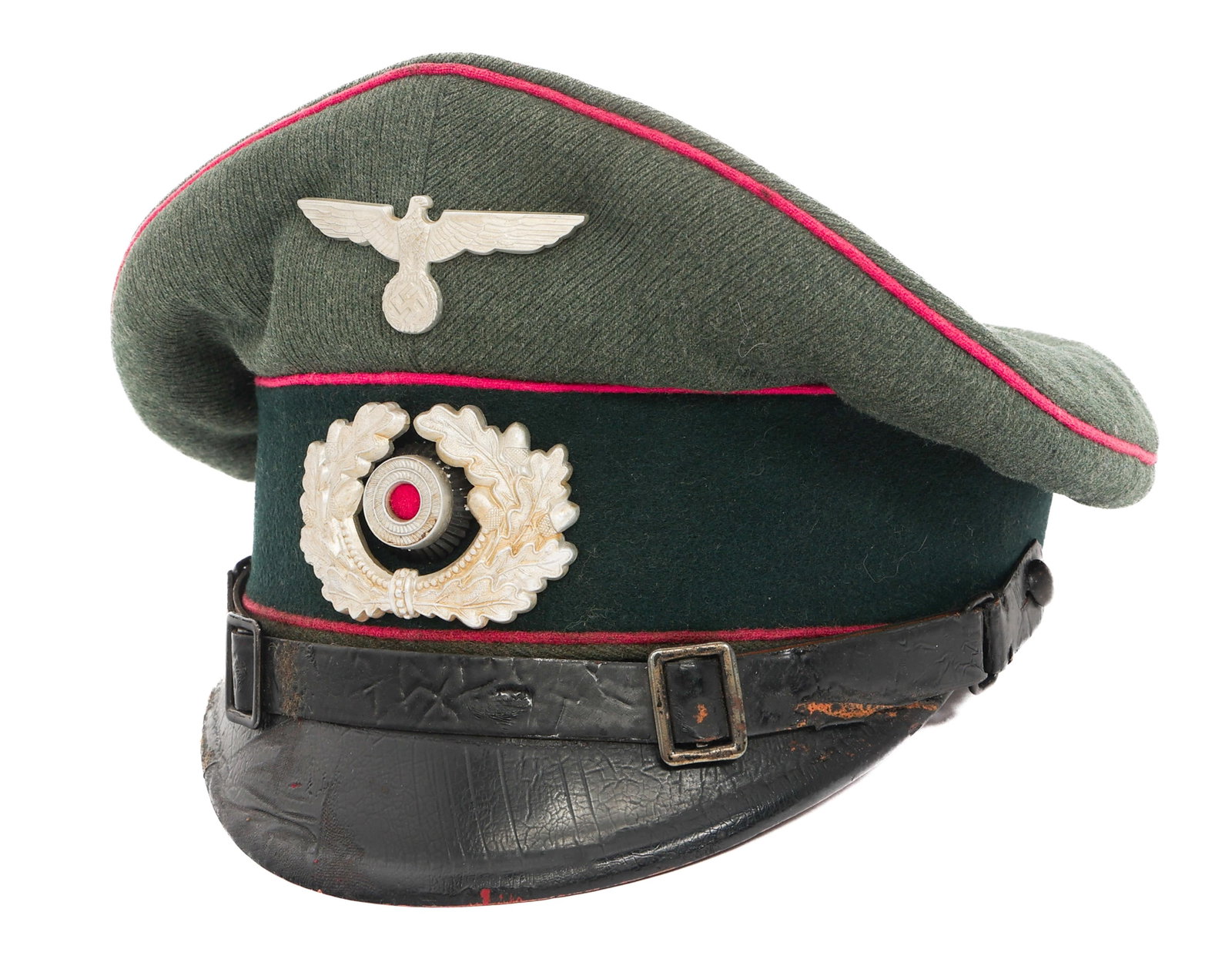 WWII GERMAN HEER PANZER NCO VISOR CAP: WWII GERMAN HEER PANZER NCO VISOR CAP WWII German Heer Panzer NCO Visor Cap. Feldgrau, fine wool construction with dark pink piping. Heer Eagle and wreathed cockade cap badges. Leather sweatband and c