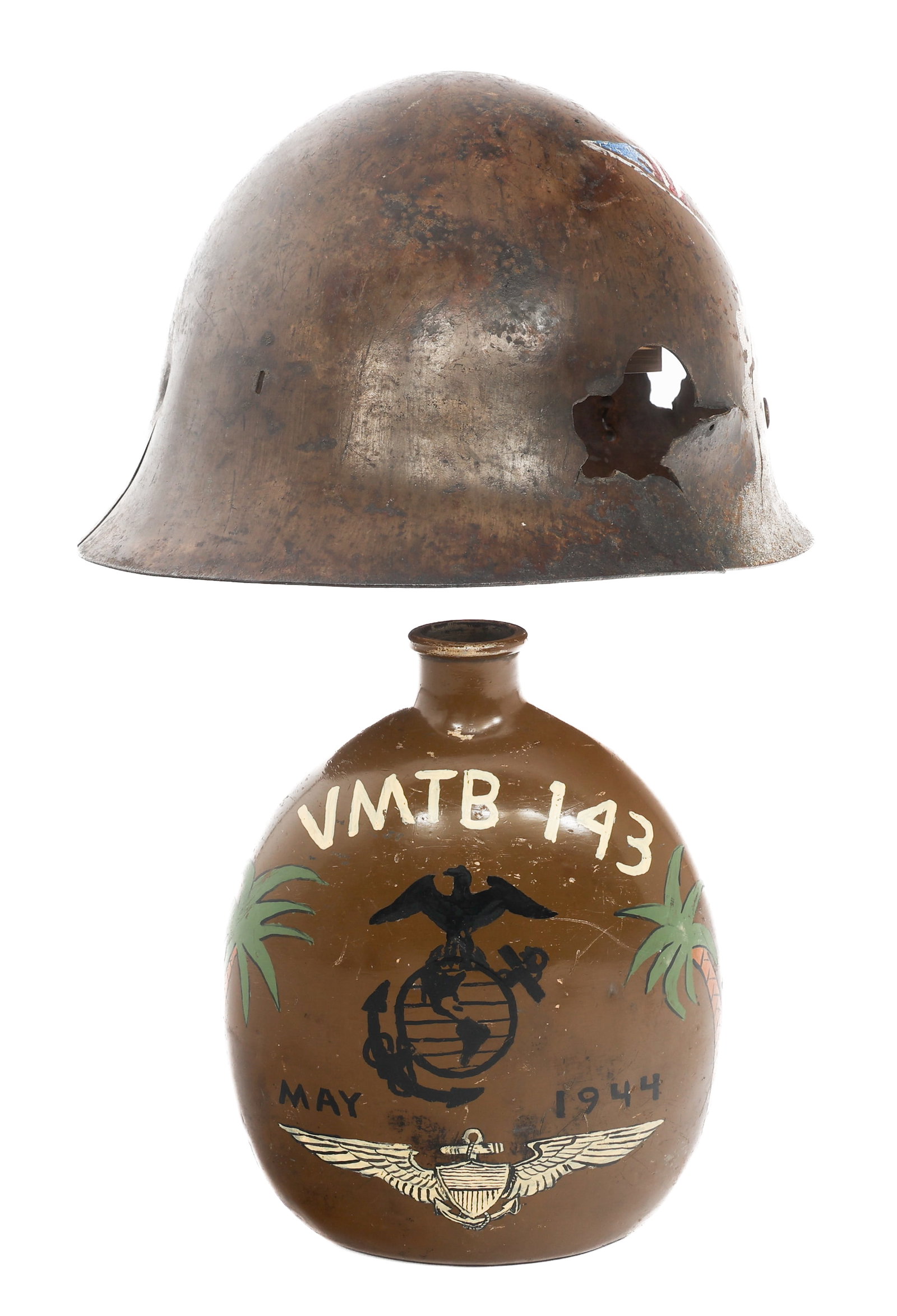 WWII JAPANESE US-CAPTURED TYPE 90 HELMET & CANTEEN: WWII JAPANESE US-CAPTURED TYPE 90 HELMET & CANTEEN WWII Imperial Japanese US-Captured Type 90 Helmet & M1934 Canteen. (1) US Captured Type 90 Helmet. US "Raising the Flag on Iwo Jima" scene painted on