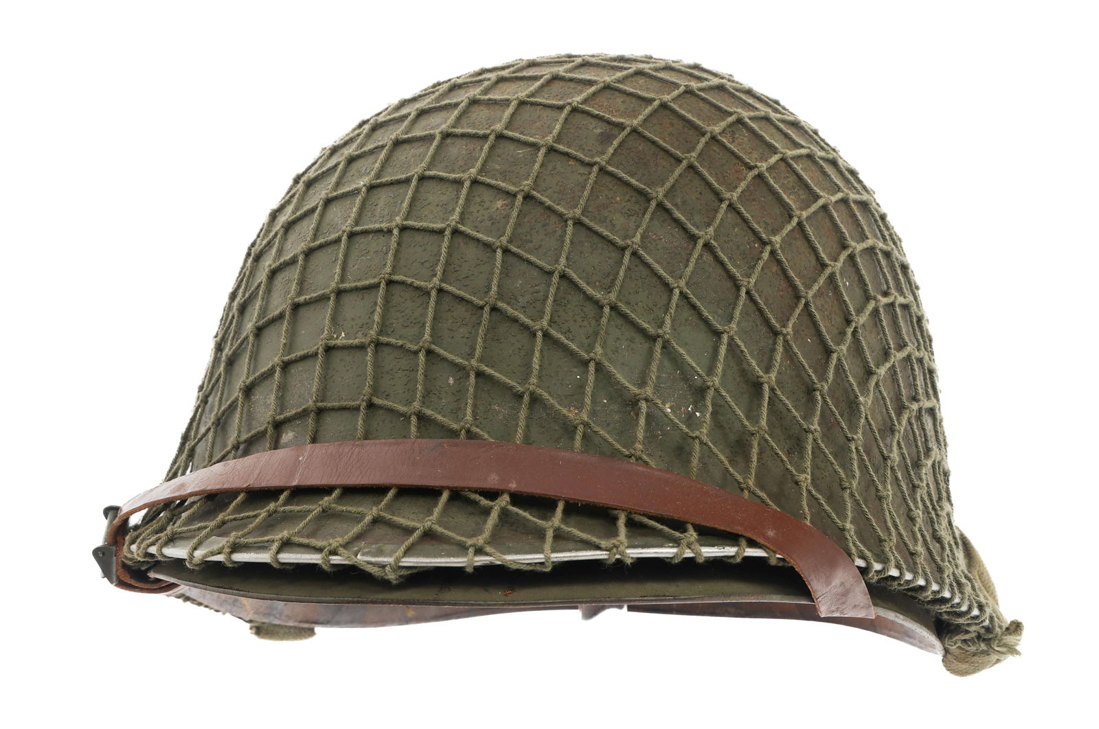 WWII US ARMY NCO M1 COMBAT HELMET by SCHLUETER: WWII US ARMY NCO M1 COMBAT HELMET by SCHLUETER WWII US Army NCO M1 Combat Helmet. Front seam, fixed bale with OD7 chinstrap and camo netting. Horizontal white painted stripe on the rear of the shell.