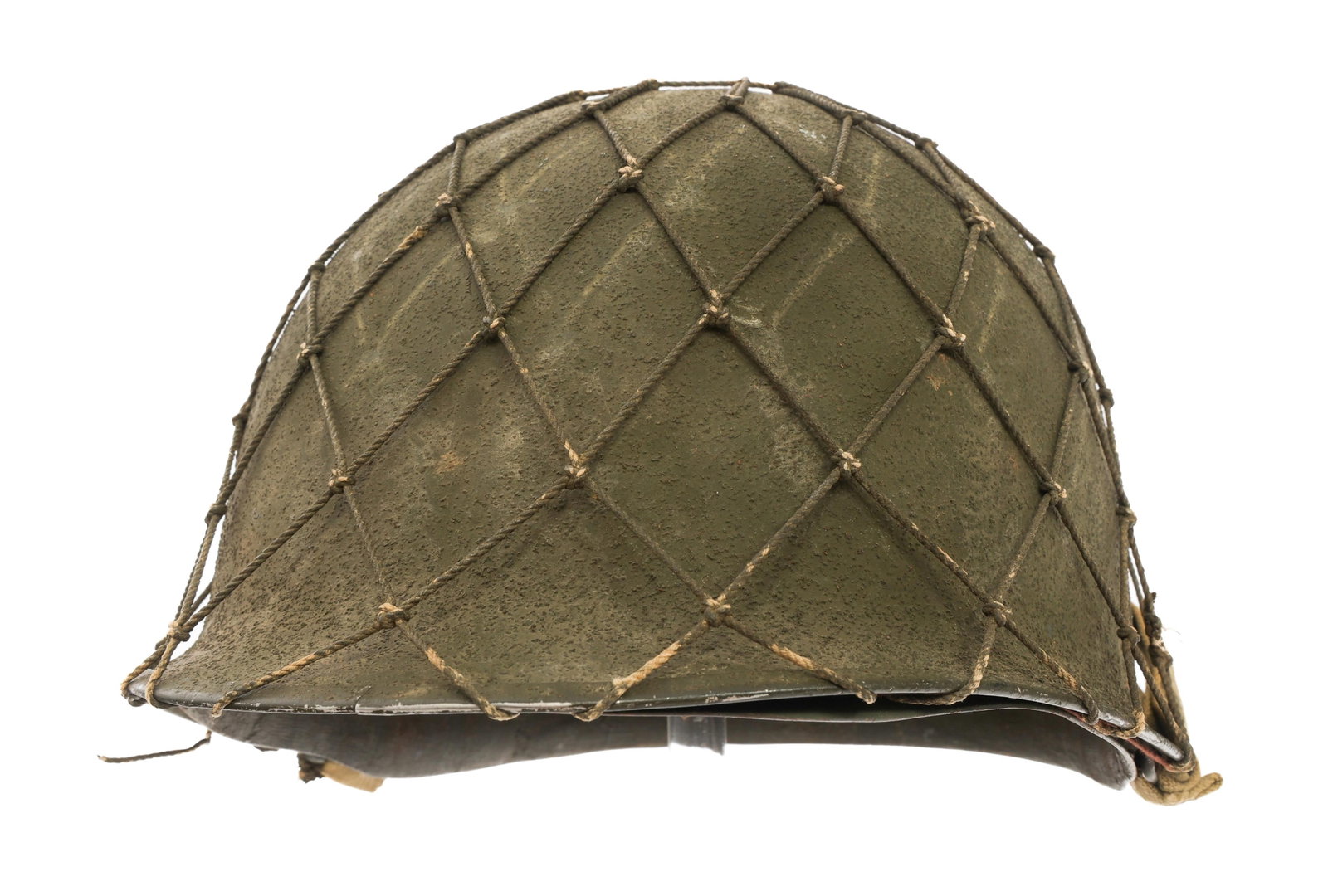 EARLY WWII US ARMY M1 HELMET ST. CLAIRE LINER: EARLY WWII US ARMY M1 HELMET ST. CLAIRE LINER Early WWII US Army M1 Combat Helmet with Low Pressure St. Claire Liner. Front sea, fixed bale, early 1942 McCord production shell with netting. OD3 khaki 