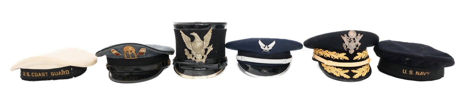 WWII - COLD WAR US ARMED FORCES HEADGEAR: WWII - COLD WAR US ARMED FORCES HEADGEAR WWII - Cold War US Armed Forces Headgear. Includes US Army General Visor, US Military Marching Band Shako, Air Force Honor Guard Service Visor Cap, Georgia Mil