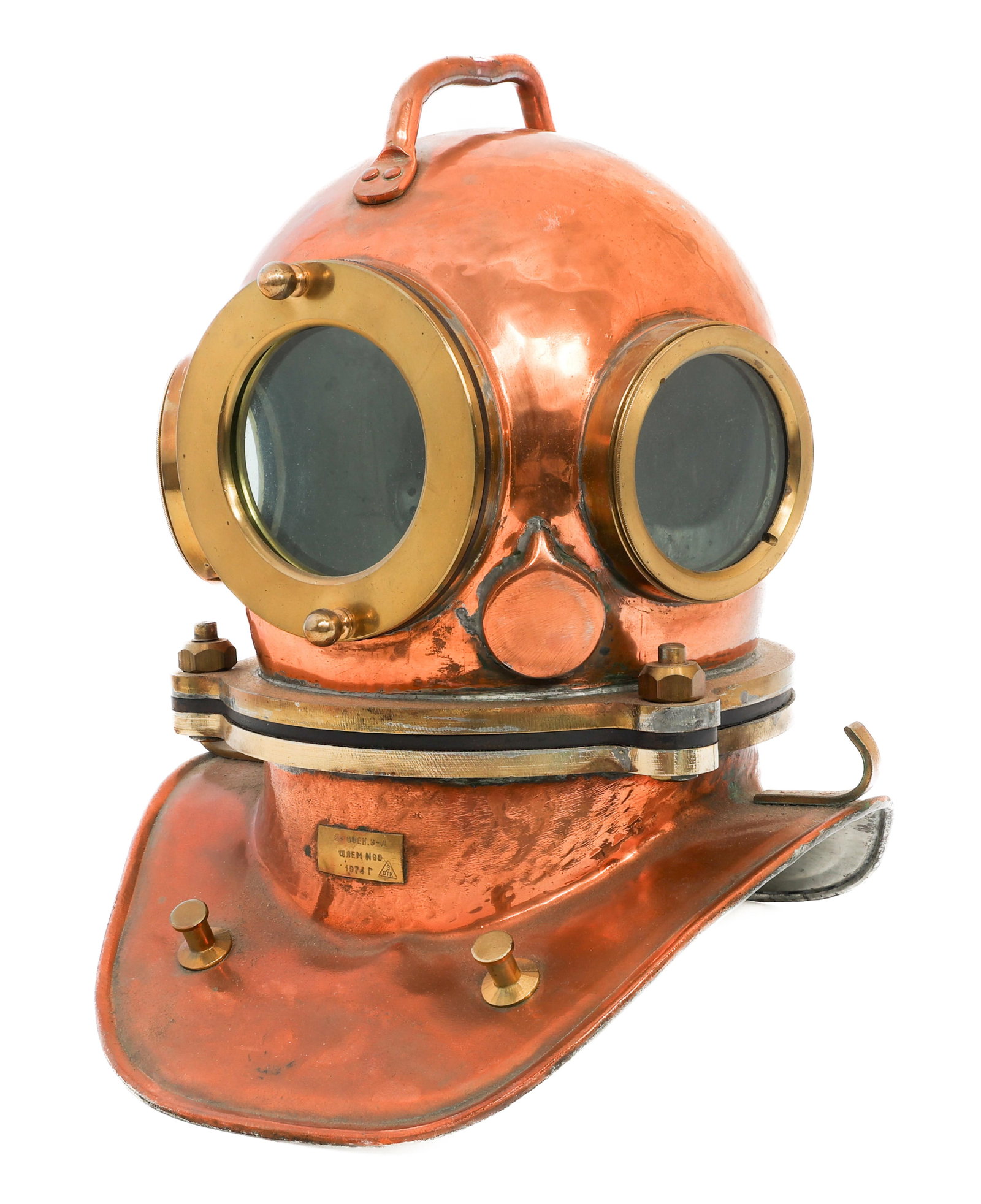 1974 RUSSIAN THREE-BOLT DIVING HELMET: 1974 RUSSIAN THREE-BOLT DIVING HELMET Russian Three-Bolt Diving Helmet. Copper and brass construction with three windows. Data plate present on the front, dated 1974. Weight: 33 lbs
